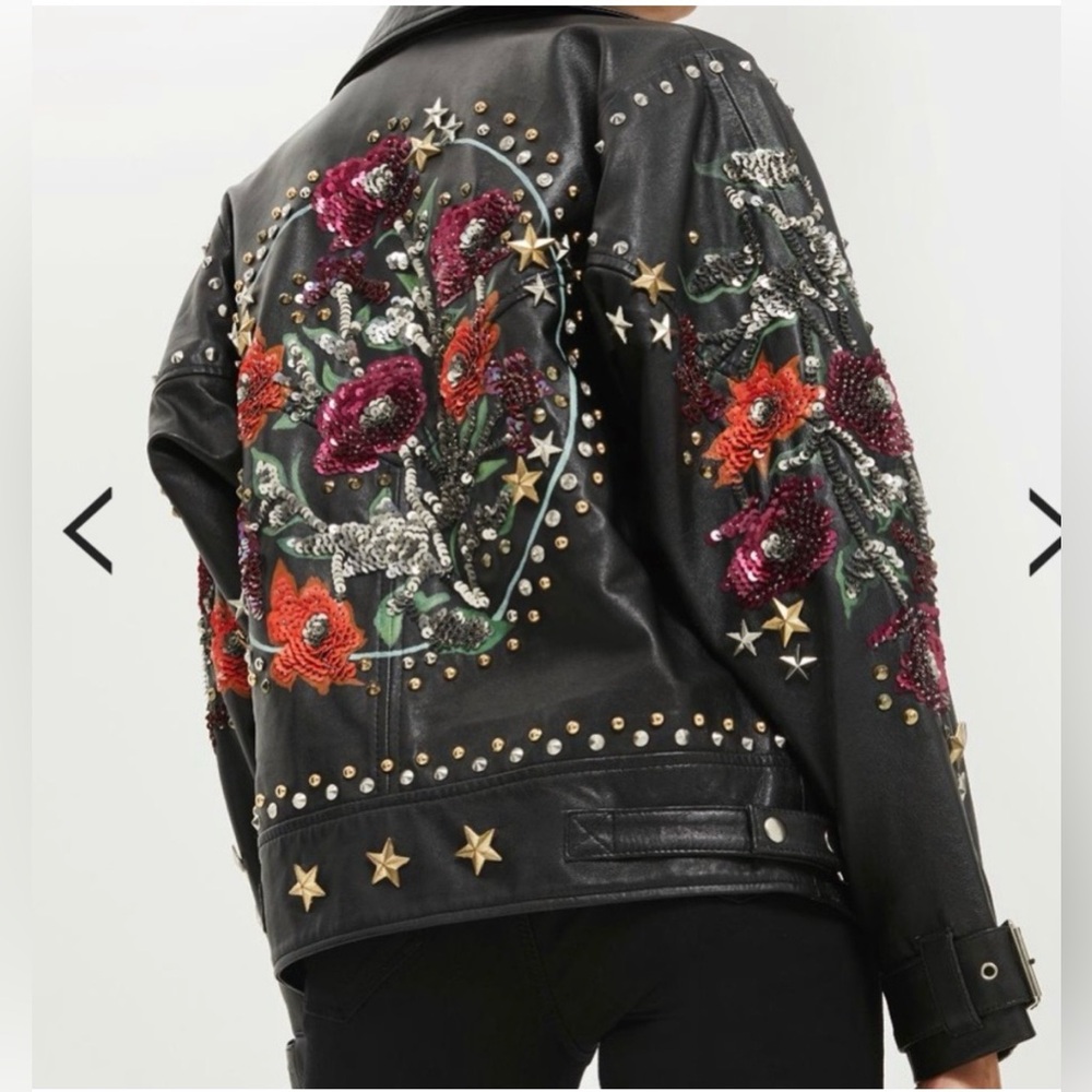 Topshop real leather biker bomber jacket black multi sequin floral studs $560 6